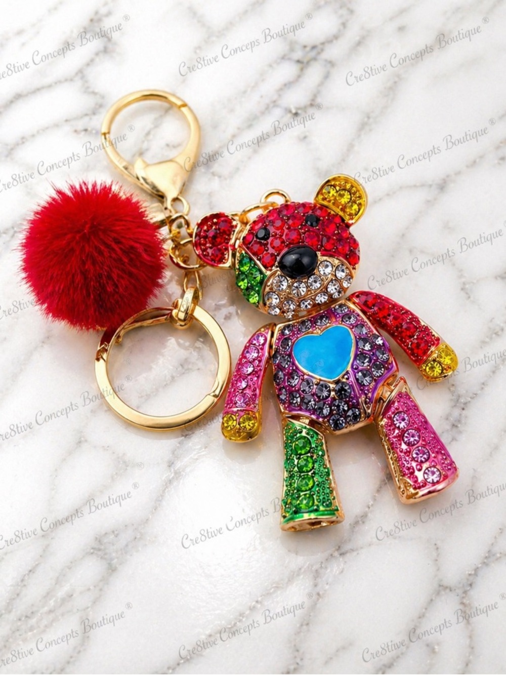Rhinestone Teddy Bear Keychain Charm – Gold Tone Bag Accessory w/ Pom Pom